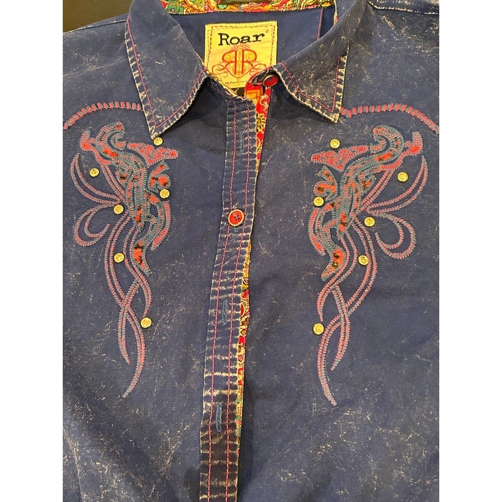 Destined to Roar embellished distressed blue western shirt L